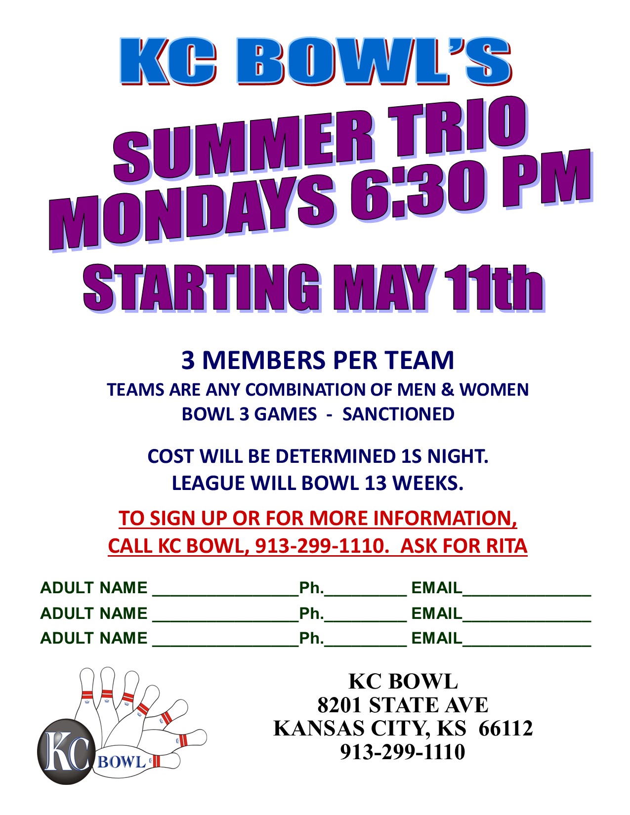 summer trio league: Monday's at 6:30PM